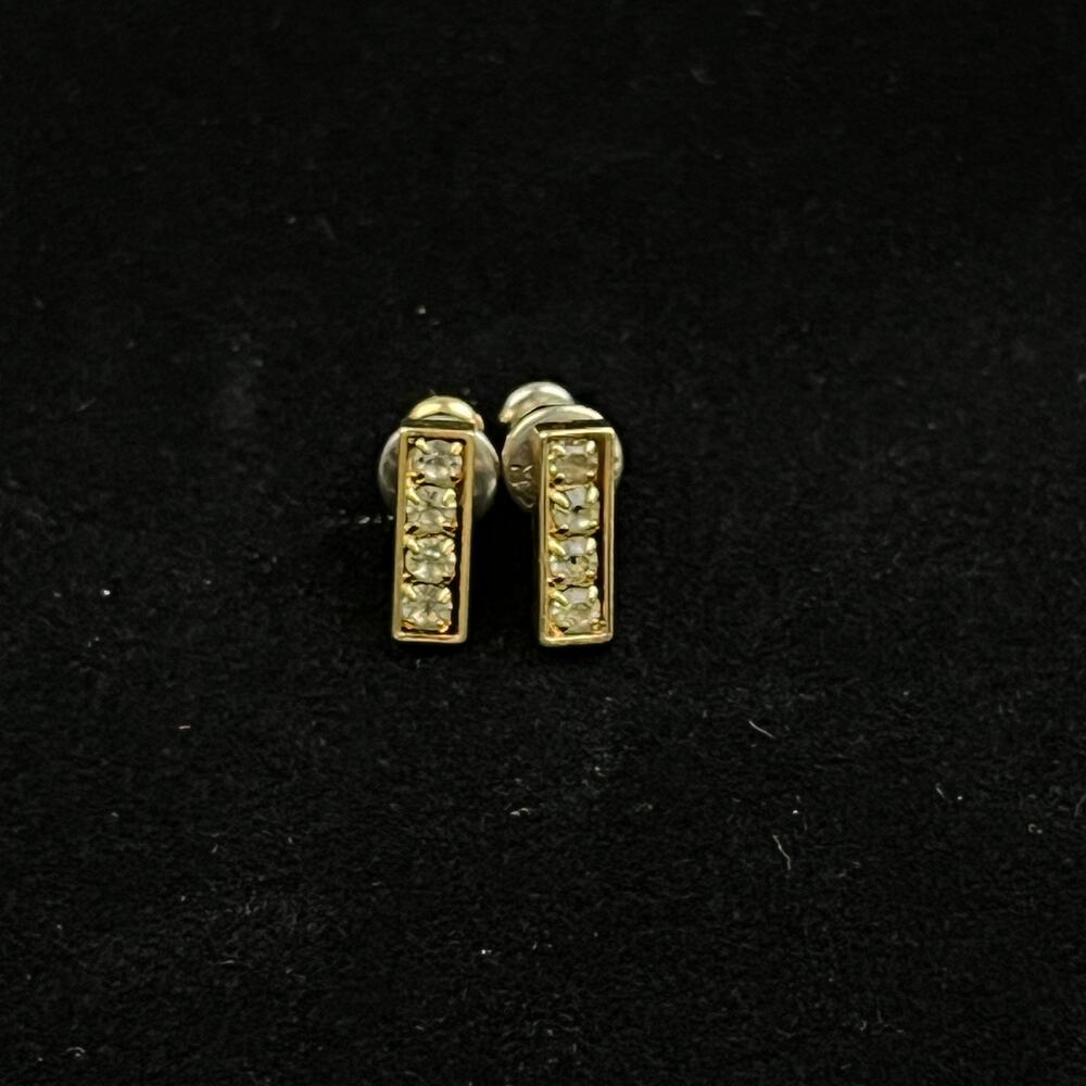 Diamond Bar Stud Earrings 8 Stone Yellow Tone Metal Unstamped